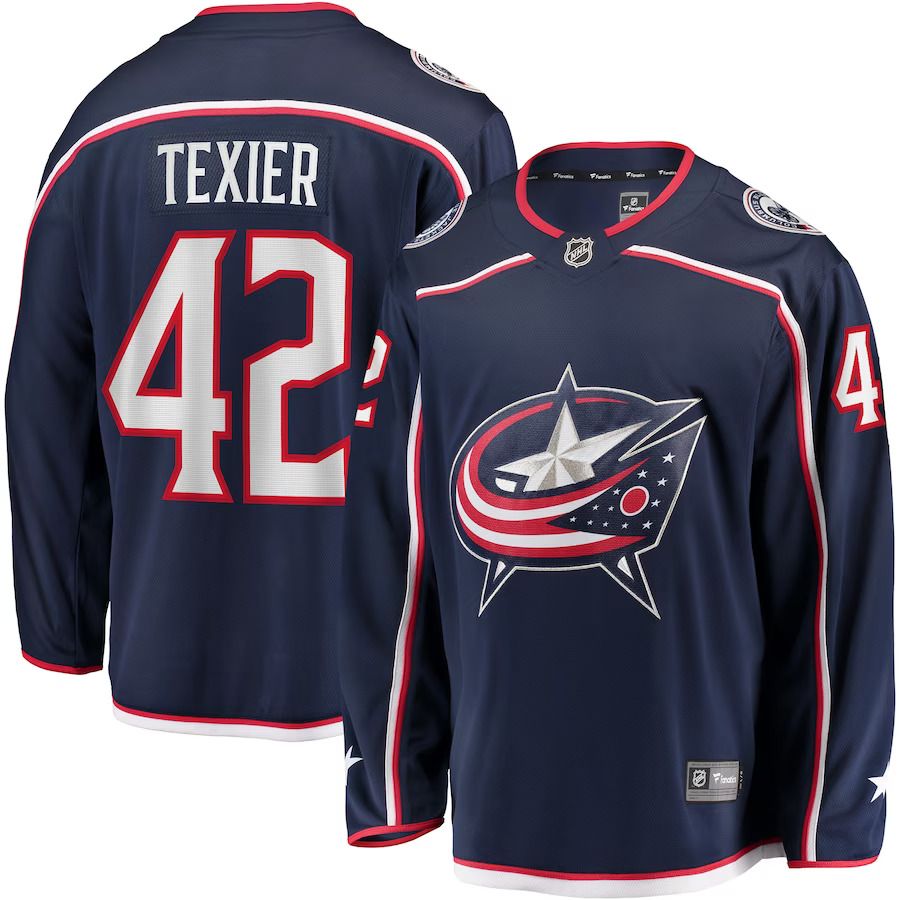 Men Columbus Blue Jackets #42 Alexandre Texier Fanatics Branded Navy Home Breakaway Player NHL Jersey